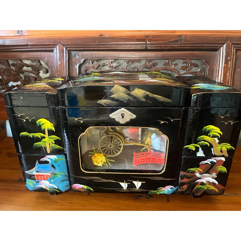 Vintage Toyo Japanese Black Lacquer Music Jewelry Box